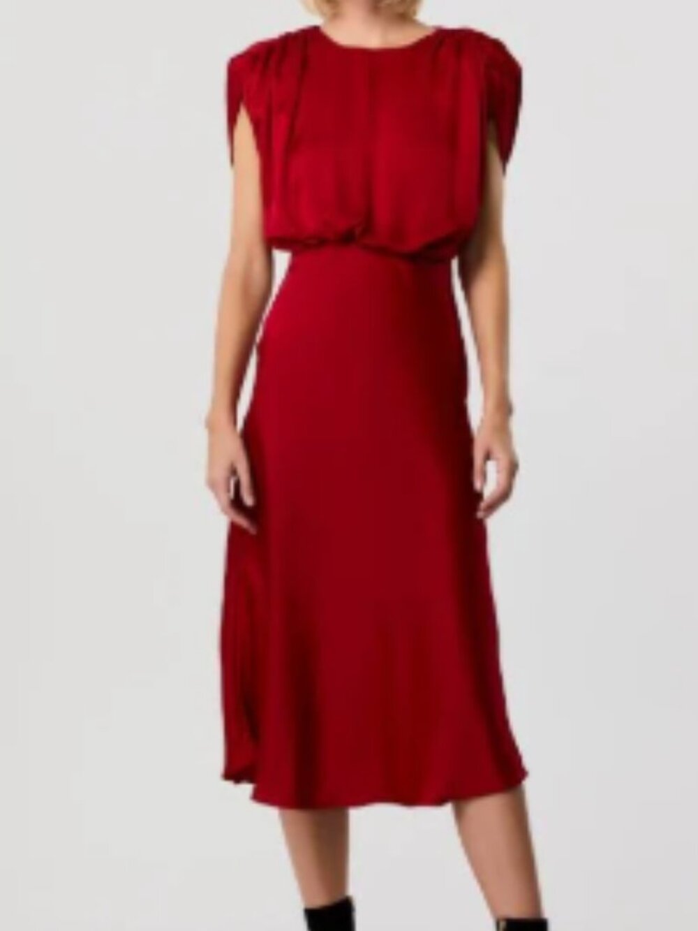 TOCCIN Flora Satin Midi Dress Red | Sculptural Shoulder Pads | Size 8 | $495R